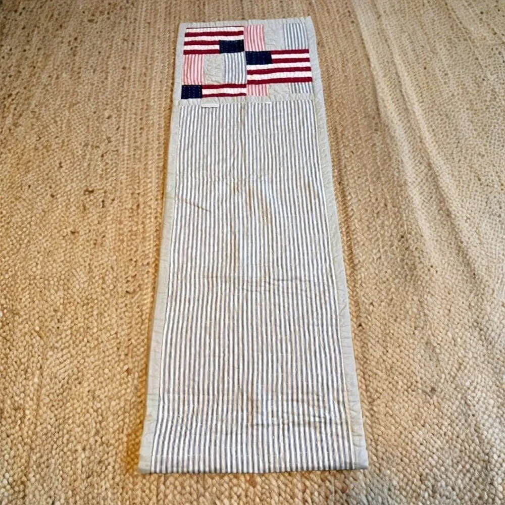 Pottery Barn Quilted Table Runner U.S. Flag 93 x 18 Red White & Blue Reversible